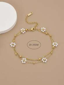 1 pieza Tobillera de acero inoxidable de doble capa con flor de perla de moda, cadena de perlas, adecuada para verano, vacaciones, fiesta en la playa, regalo, regalo de cumpleaños - Blanco - Ver 4