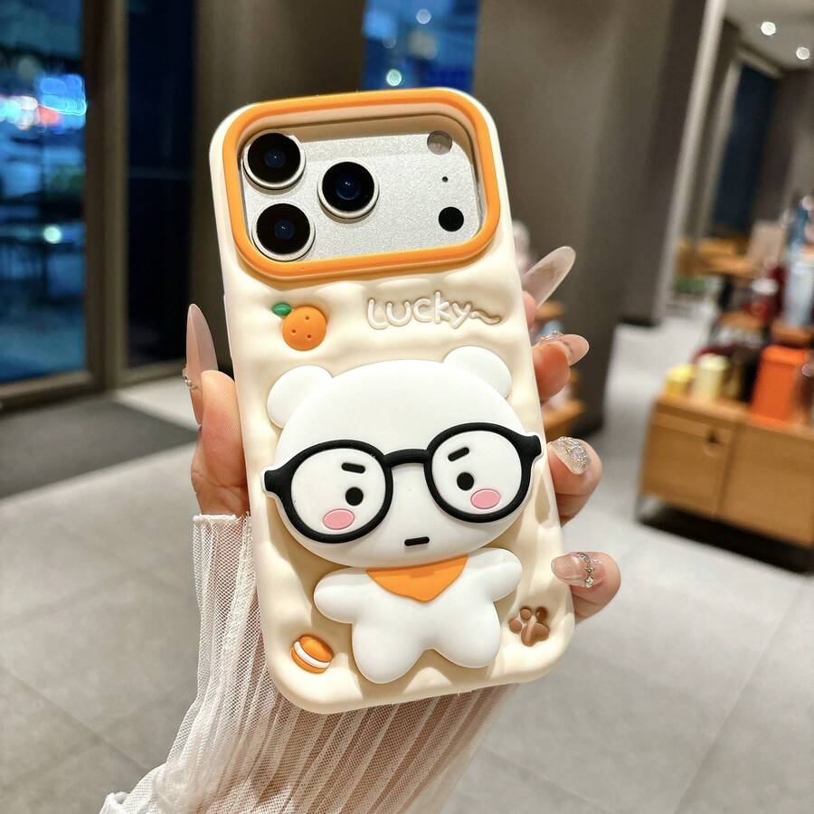 3D Cartoon Silly Bear Design Soft Silicone Phone Case For IPhone 17 Pro Max, 16 Pro, 15 Pro Max, 14 Pro, 13, 12, 11, Cute Anti-Fall Cover - Beige - View 1