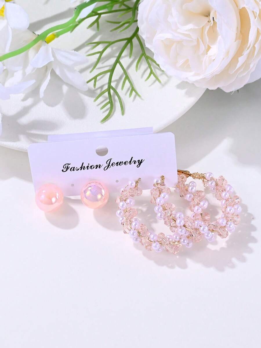 4件套优雅奢华美人鱼仿珍珠水晶耳环，精致耳环，适合女性日常、派对及所有季节佩戴 - 耳環套裝 - 查看 1