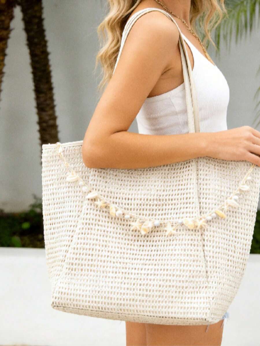 Oversized Crochet Mesh Beach Tote | Khaki & Beige Two-Tone Boho Bag | Jumbo Shell Accent Straw Bag - Beige - View 1