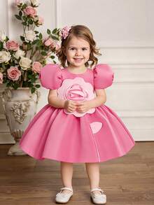 Baby Girls' Petal Sleeve Colorblock Satin Floral Party Dress, Suitable For Flower Girl, Wedding, Birthday, Headband Not Included - Multicolor - View 7