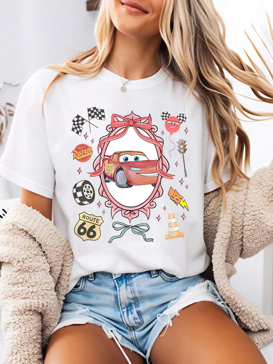 Disney-Style Women's Printed T-Shirt Featuring A Retro-Inspired Cars-Themed Cartoon Emblem Print. This Round-Neck Summer Top Is Crafted From Soft, Comfortable 100% Cotton Fabric, Perfect For Everyday Wear, Outdoor Activities, Or Shopping. It Also Makes An Ideal Choice For Women's Vacation Atti - White - View 1