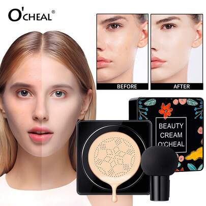 Crema de Fundación con Cojín de Aire con Cabeza de Hongo, Crema de Fundación BB, Crema CC Correctora del Tono de Piel, Corrector de Fundación con Tatuaje, Fundación de Cobertura Natural Completa, Corrector Iluminador Hidratante, Iguala el Tono de Piel, de Larga Duración, Apto para Todos los Tipos de Piel