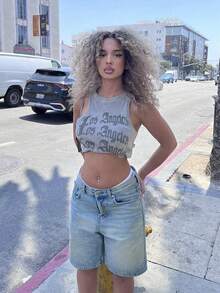 Quần lửng denim nữ thời trang dáng suông, rộng rãi, kiểu dáng thể thao, phong cách sinh viên, vintage, rách nhẹ, đa năng, thích hợp cho mùa hè. - Màu xanh lam - Xem 4