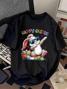 Men's Casual Easter Bunny Print Short Sleeve T-Shirt, Summer - Black - View 1