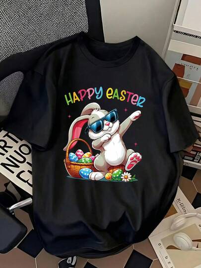 Men's Casual Easter Bunny Print Short Sleeve T-Shirt, Summer