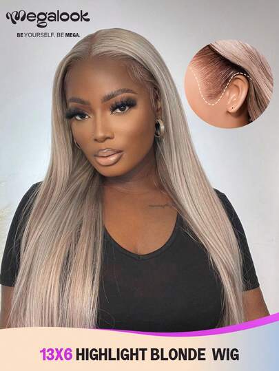 MEGALOOK 13x6 Three-Go™ Human Hair Wigs Ash Blonde Ombre Color Glueless Wigs Silky Straight Transparent Lace Front Wigs With Drawstring Pre-Cut Ear-To-Ear Lace Tiny Knots 100% Human Hair Wig No Glue Needed Minimal Shedding Durable & Long-Lasting Undetectable Wig