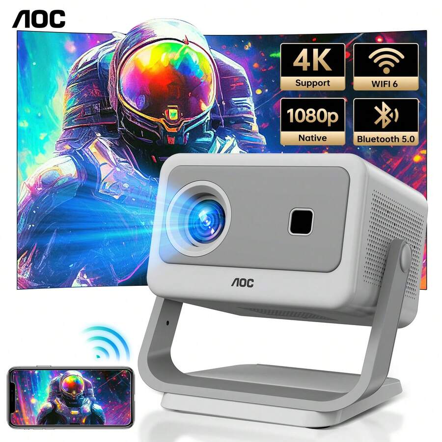 AOC Mini Proyector con WiFi6 y Bluetooth 5.0, Native 1080p y soporte 4K, 8000 Lúmenes, Corrección Automática Vertical Keystone, Pantalla de 300 Pulgadas, Compatible iOS/Android, Portátil para Hogar y Smartphone