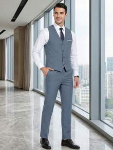 Men's Two-Piece Light Blue Suit Set, Including Vest And Trousers, Professional Business Attire, Slim-Fit Formal Wear, Suitable For Occasions Such As Weddings. - Dusty Blue - View 3