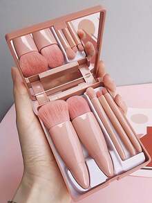 1 Set de Kit de Brochas de Maquillaje Portátil, que incluye Espejo de Maquillaje, 5 piezas de Brochas con Mango de Plástico, Agarre Cómodo, Brocha de Base Suave, Brocha de Polvos, Brocha Difuminadora, Brocha de Sombras de Ojos, Brocha de Labios, Adecuado para Piel Sensible, Herramientas de Maquillaje Compactas y Elegantes, Regalo Ideal para Chicas - Rosa Pálido - Ver 2