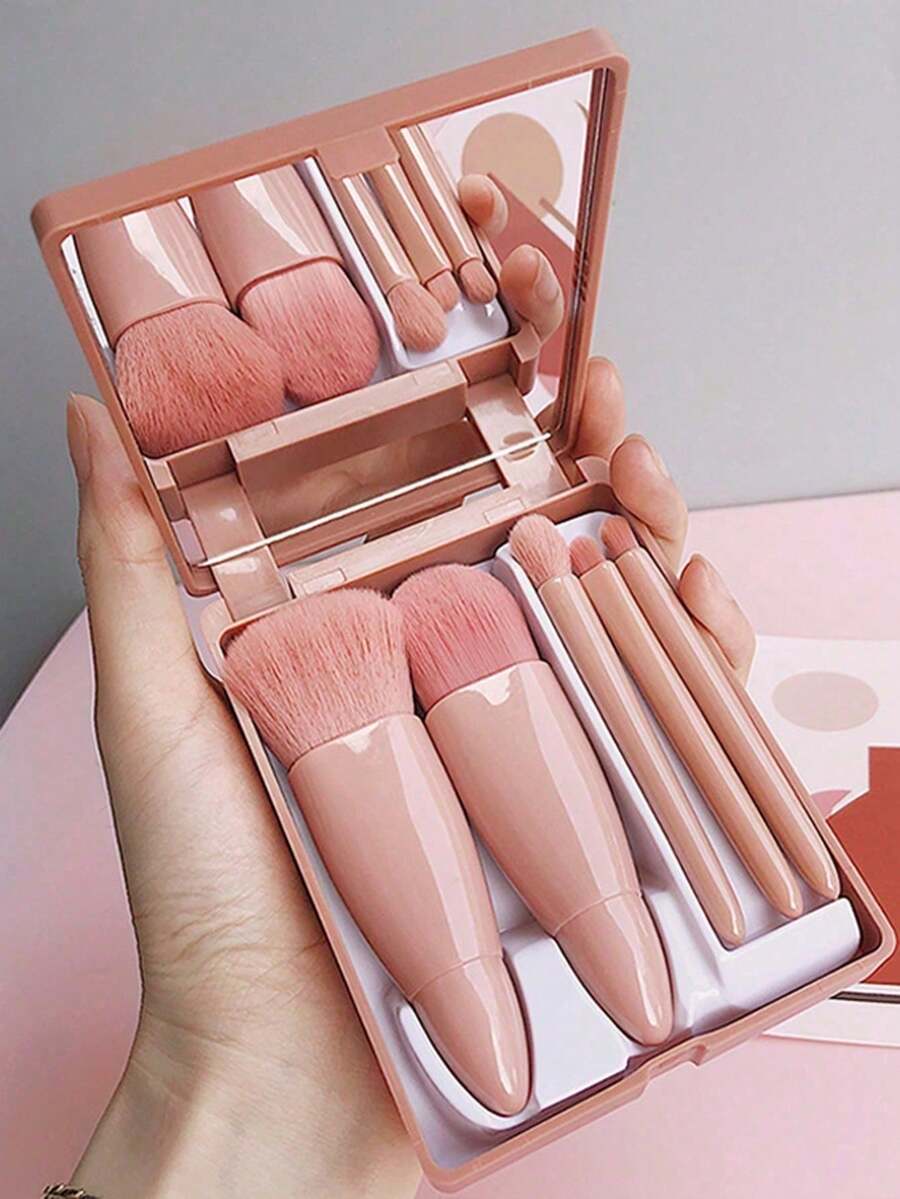 1 Set de Kit de Brochas de Maquillaje Portátil, que incluye Espejo de Maquillaje, 5 piezas de Brochas con Mango de Plástico, Agarre Cómodo, Brocha de Base Suave, Brocha de Polvos, Brocha Difuminadora, Brocha de Sombras de Ojos, Brocha de Labios, Adecuado para Piel Sensible, Herramientas de Maquillaje Compactas y Elegantes, Regalo Ideal para Chicas