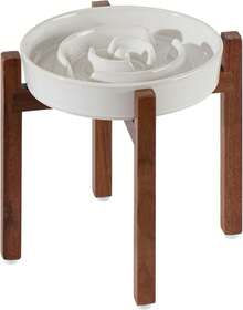 Ceramic Raised Slow Feeder Dog Bowl Set With Acacia Wood Stand - 1 x 白色 + 支架 - A - 查看 10