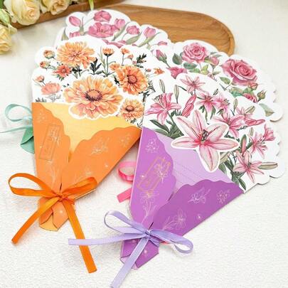 10 PCS Creative Tri-Fold Flower Bouquet-Shaped Cards, Mother's Day Paper Flower Bouquet Cards, Four Types Of Flowers Combined With The Same Color Ribbon Decoration, The Inner Page Can Be Used For Writing Blessings. Business Thank-You Cards For Teachers' Day, Mother's Day, And Expressions Of Gratitude And Appreciation.