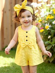 Baby Girls' Cute Solid Color Round Neck Sleeveless Bow Decor Button Design Half-Placket Romper, Suitable For Home, Daily Wear And Outings, Spring/Summer - Yellow - View 4