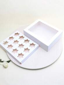 2个/4个/6个装大号纸质蛋糕盒，白色纸板材质，带透明窗口，可装12个纸杯蛋糕，大号蛋糕盒，适用于生日、婚礼、节日礼物、蛋糕包装 - 查看 5