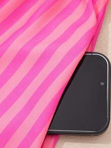 Acelitt Summer Rose Pink Striped Print Half-Button Placket Bow Tie Knot Puff Sleeve High Waist Slim Mini Dress - Multicolor - View 10