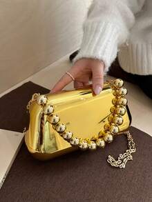 前卫亮金色女士手拿包，硬盒形晚宴包，钱包，串珠手柄，金属链条肩带，女士礼物，适合派对、节日和宴会 - 金色 - 查看 3