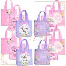 6/12个装母亲节高品质粉紫色礼品袋，印花无纺布手提袋，印有花卉和母亲节文字，适合作为妈妈生日惊喜礼物袋、派对生日礼物袋、纪念品包装袋、节日礼物袋，祝母亲节快乐 - 9065 - 查看 11