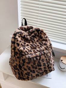 Allover Leopard Pattern Fluffy Backpack, Bag For School For College School Bag, School Backpack Large Capacity For Teen Girls Women College Students College, Middle School, High School, Outdoors, Travel, Outings, Back To School Back To School, Cute, Suitable For Teen Girls Women College Students Outdoors, Travel, Outings, Leopard Print Bag, Fall Winter Fashionable Cheetah Print Purse For Women ,University Bag , Beach - 棕色 - 查看 1