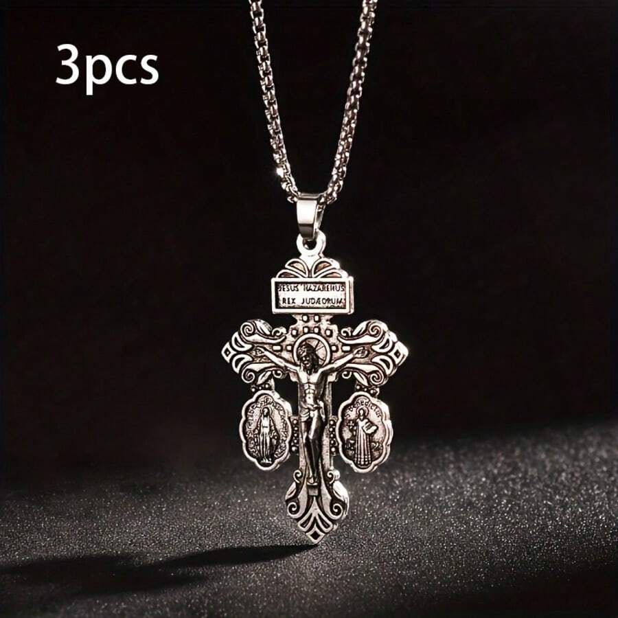 3pcs Cross Pendant Necklace, Suitable For Men And Women Daily Wear - Zinc Alloy