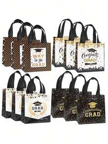 12pcs Graduation Non-Woven Tote Bags, Black & Gold Color, Reusable, Printed With Gold "Congratulations Graduate" Text, Handles, Graduation Party Decor, Gift Bags, Graduation Party Supplies, Small Gifts, Seasonal Decor, Gift Packaging Bags - Graduation Season Gift Bags - View 8