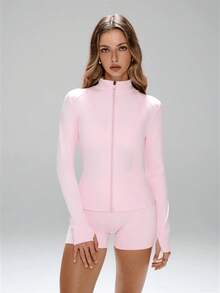 Women's Slim Fit Breathable Sports Set, Suitable For Outdoor Running, UV Protection Zipper Elastic Minimalist Slim Fit Fashionable Sexy High-Quality Basic Streetwear Elastic Casual Unique Color Brightening Skin Tone Elegant Tight Fit Warm Long Sleeve Yoga Jacket - 粉色 - 查看 5