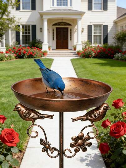 1pc Metal Bird Bath With Feeder On Stand, Lightweight Detachable Rust-Resistant Cast Iron Decor, Suitable For Garden, Lawn And Yard, Ideal Gift For Bird Lovers