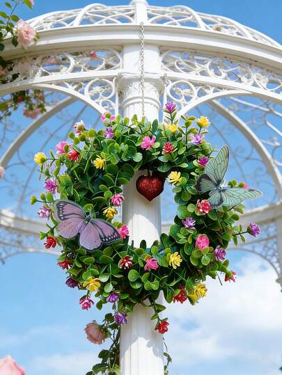 人造花环 仿真花 彩色乡村花环 春季悬挂装饰 精美高品质花环 两只仿真蝴蝶 装饰绿植花环 场景装饰 家居房间装饰 婚礼鲜花用品 母亲节礼物 花园装饰品 蝴蝶颜色随机