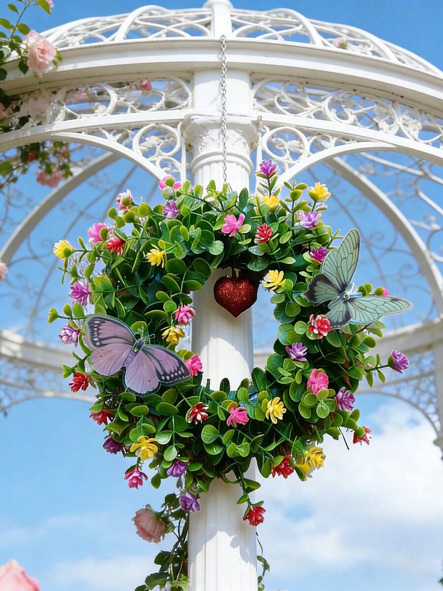 2 piezas Corona floral artificial colorida, decoración colgante rústica de primavera, acentos de mariposa realistas de alta calidad, decoración interior del hogar, regalo del Día de la Madre, suministros de jardinería - Multicolor - Ver 1