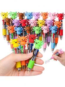 12pcs Multicolor Cartoon Cute Funny 4-In-1 Colored Pens, Large Capacity Multifunctional Ballpoint Pen, Suitable As Gift, Salamander 4-Color Pen - Salamander Four-color Pen - Transparent Pen Barrel - View 1