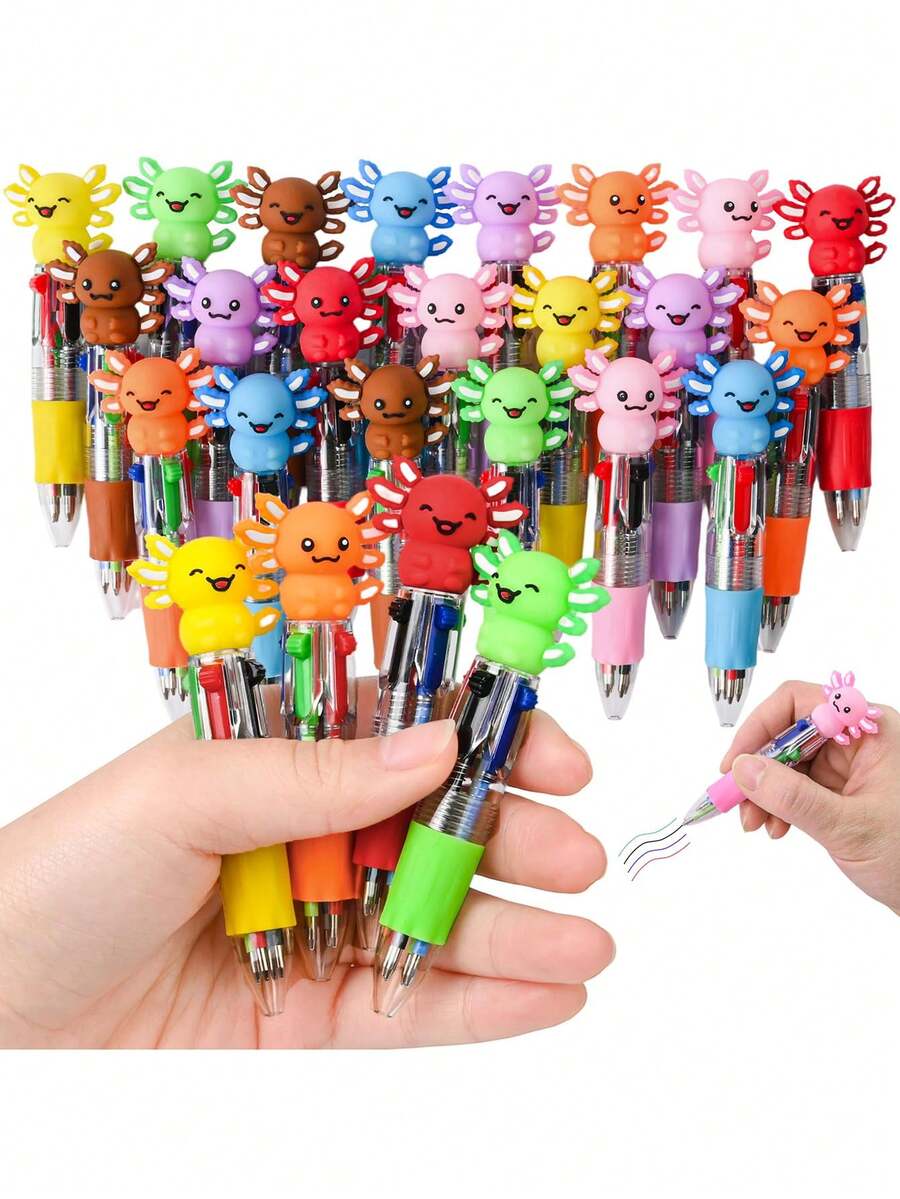12pcs Multicolor Cartoon Cute Funny 4-In-1 Colored Pens, Large Capacity Multifunctional Ballpoint Pen, Suitable As Gift, Salamander 4-Color Pen - Salamander Four-color Pen - Transparent Pen Barrel - View 1
