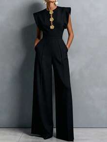 Women's Black Formal Elegant Classic Jumpsuit With Gold Floral Decoration And Pockets Summer - Black - View 6