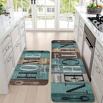 2/3pcs Farmhouse Kitchen Mat Set: Green, Brown And Teal Kitchen Rugs, Rectangular, Machine Washable, Soft, Suitable For Kitchen, Bathroom, Bedroom, And Living Room