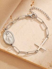 1pc Stainless Steel Jewelry Bracelet, Versatile Cross & Saint Design, Minimalist Elegant High-End Elegant, Suitable For Women's Daily, Party, And Gift Giving - Multicolor - View 9