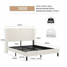 Bed Frame 160 X 200 Cm, Padded Platform With Fabric Headboard, Rounded Edges, Non-Slip And Silent, Metal Slatted Base, Without Upholstered Base. - White - View 6