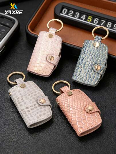 XAXRE 1/2pcs Crocodile Grain Genuine Leather Car Key Holder, Couples Style Signal Blocking Anti-Scratch Durable Key Fob Pouch, Suitable For Car Remote, Home, Office Keys, Fashionable Luxury Portable Key Chain