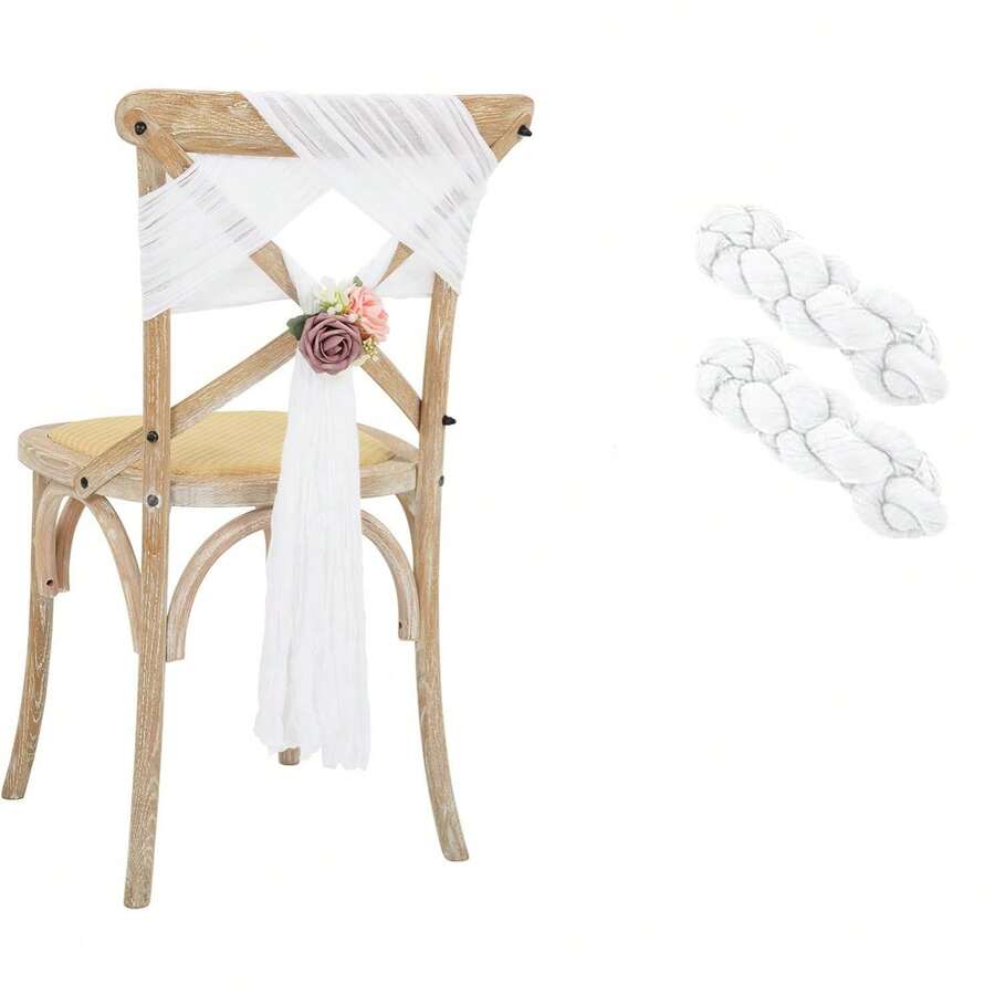 2 Pieces Bow Wedding Aisle Chair Back Ribbon Set, Suitable For Wedding Party Events And Banquet Chair Cover Decorations - White - View 1