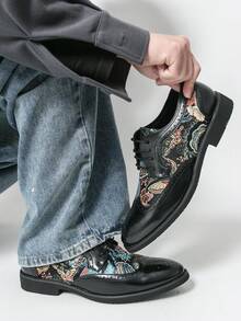 男士黑色民族风新款中式刺绣雕花布洛克商务休闲鞋英伦正装鞋 - 黑色 - 查看 5