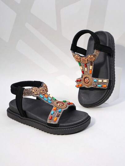 1 Pair Girls' Exotic Beaded Sandals For Versatile Outdoor & Beach Summer Use