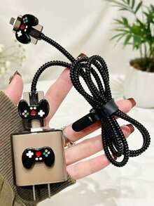 5pcs/Set Game Controller Pattern 1.5m Cable Protector, 18/20W Fast Charging Head Protector, Data Cable Protector, Friend Gift - Black - View 3