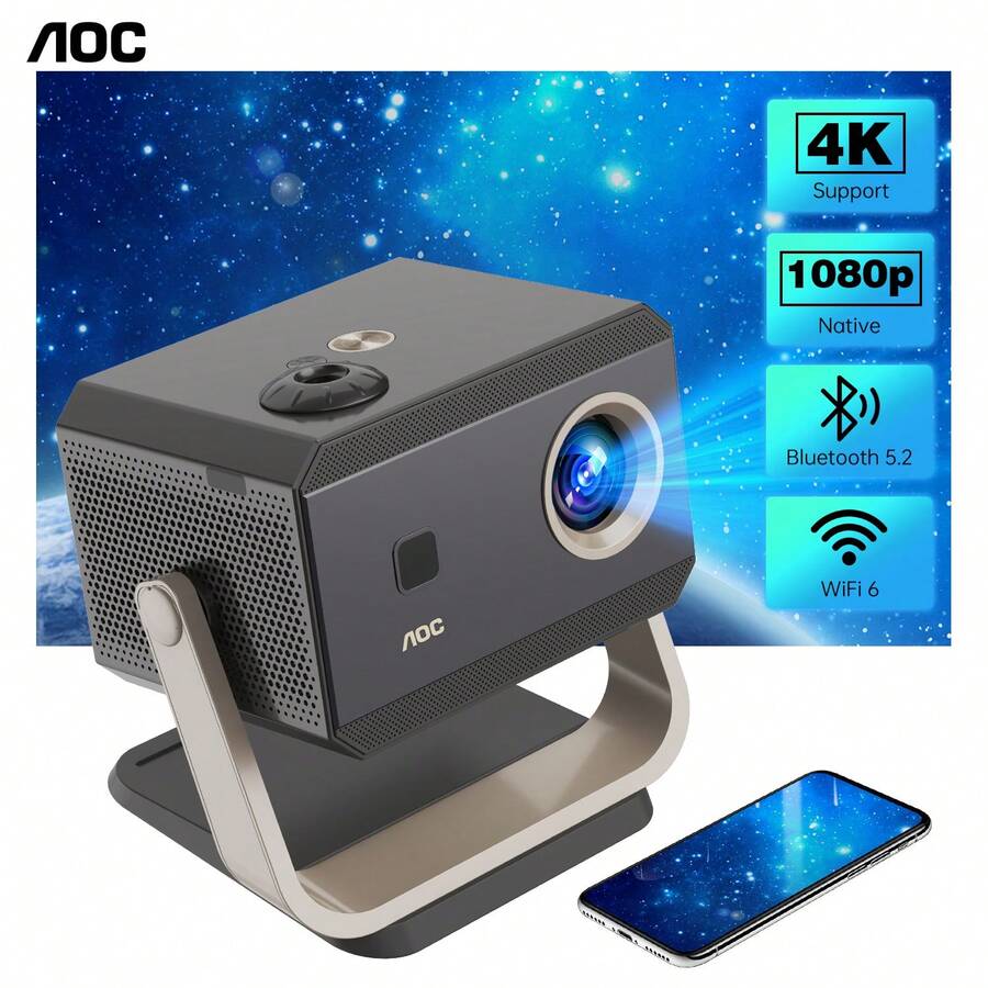 AOC Portable Projector Full HD 4K/1080p, Auto Focus, Auto Keystone Correction, Adjustable Angle, Wi-Fi 6 & Bluetooth, 15000 Lumens, Compatible With IOS/Android/PC For Work And Gaming