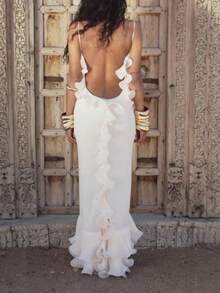 New Women's Fashion Strapless Backless Ruffle Dress Bodycon Gown Long Dress - 白色(25065) - 查看 4