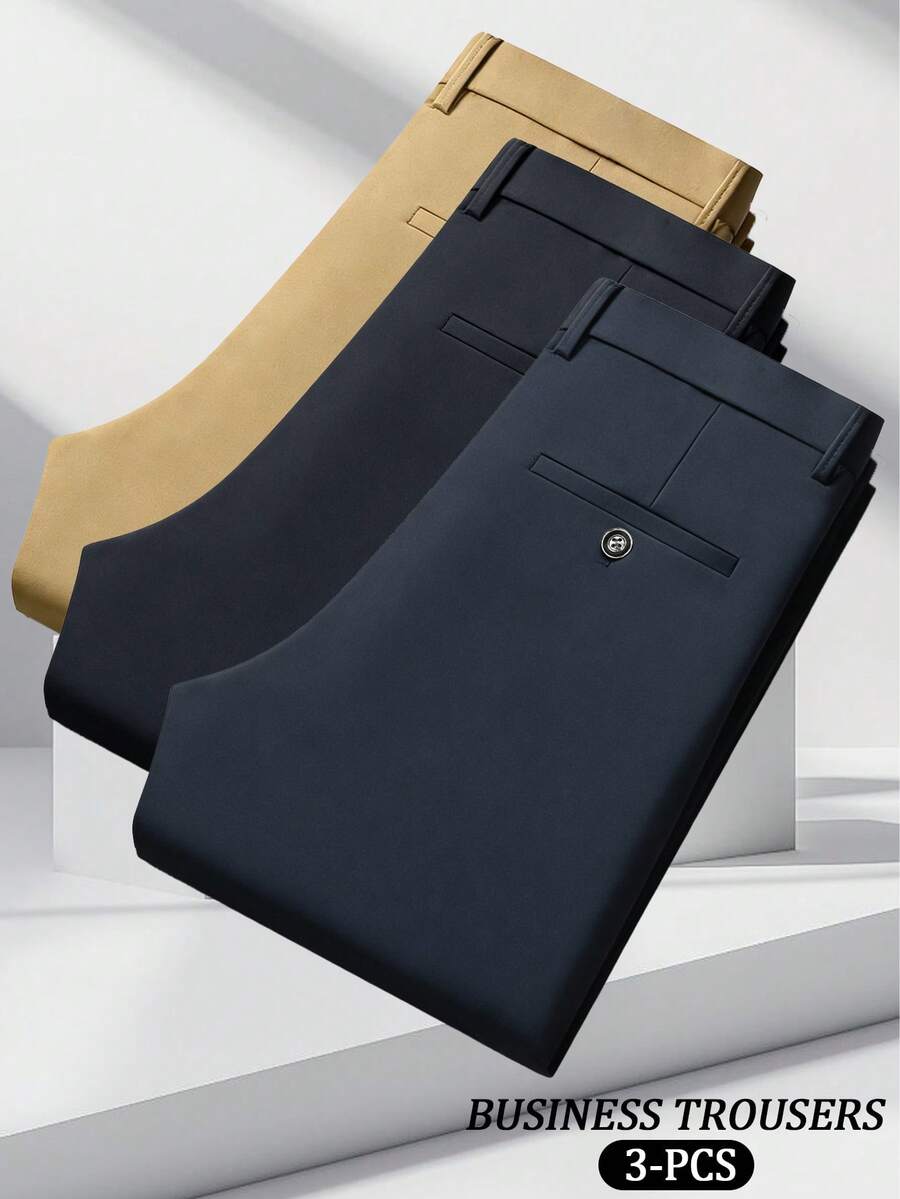 3pcs Men's Business Formal Suit Pants, Solid Color Stretch Trousers, Straight Leg Casual Pants For Spring, Summer, Autumn And Winter - Multicolor - View 1