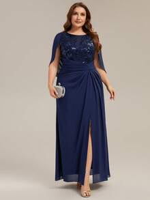 EVERPRETTY Plus Size Embroidered Evening Gown, Elegant Floral Sequin Mermaid Formal Dress, High-End Evening Gown For Prom, Graduation, Formal Occasions - Navy Blue - View 4
