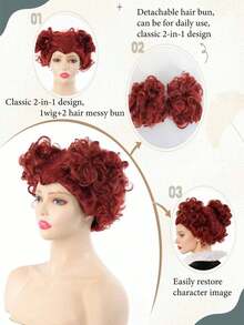 Heat Resistant Synthetic Red Heart-Shaped Wig, Movie Themed Coily Hair, Cosplay Witches Costume Wig With Rose Net Cap, Glueless Bun Beehive Style, Halloween Party & Birthday Queen Accessory, Funny Cosplay Props - Multicolor - View 4