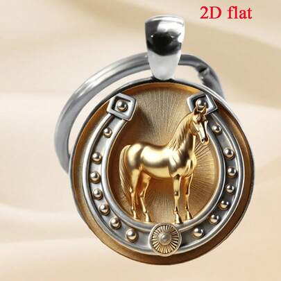 1个幸运马蹄形宝石钥匙扣，配有金色骏马图案的玻璃钥匙扣，时尚包包配饰，是理想的钥匙链吊坠，也是万圣节、圣诞节、感恩节等节日送给亲朋好友的完美礼物。