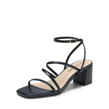 Fashion Chunky Low Heel Summer Sandals For Teenagers Thin Strap Square Open Toe Heeled Sandals For Party Wedding Evening - 黑色 - 查看 2