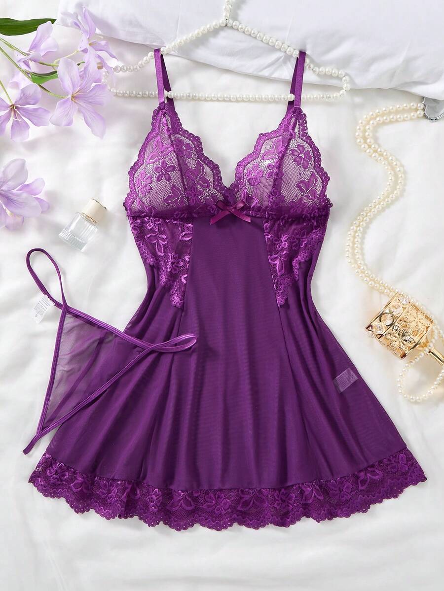 Bộ 2 món đồ ngủ nữ gợi cảm màu trơn phối ren và lưới, áo ngủ hai dây cổ chữ V hở lưng kèm quần lọt khe, đồ ngủ thoải mái. - Màu tím - Xem 1