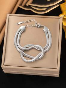 RAYQUEEN 1 Stück Edelstahl Schlangenkette gewebter Knoten Klingen Anhänger Halskette, 18K vergoldet nicht verblassend, modischer Doppelschicht, geeignet als Geschenk und für den täglichen Gebrauch - Silber - Übersicht 14
