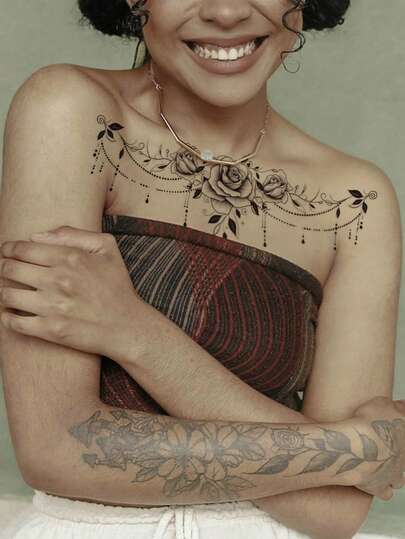 大型黑色胸部临时纹身贴纸 - 复古维多利亚玫瑰花流苏设计 - 性感仿真身体纹身贴纸，适用于胸部、腹部、背部，适合狂欢节、音乐节、情人节、日常派对、节日礼物，防水